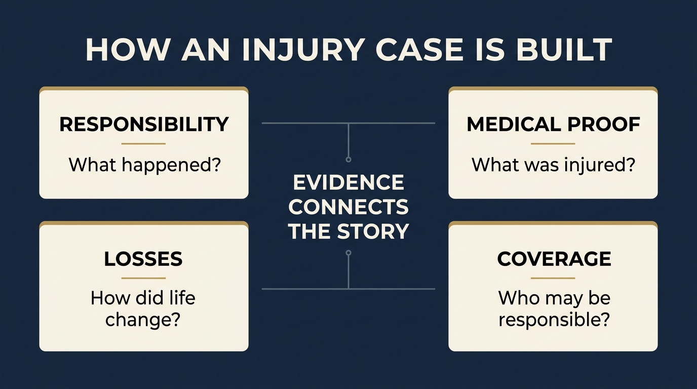 Four parts of building an injury case: responsibility, medical proof, losses, and coverage, connected by evidence.