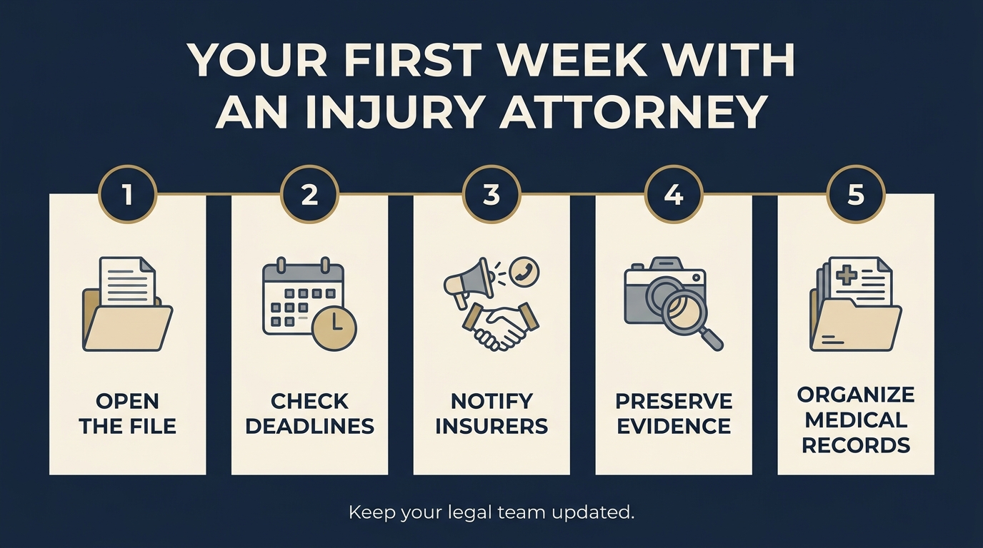Five steps during the first week after hiring an injury attorney: open the file, check deadlines, notify insurers, preserve evidence, and organize medical records.