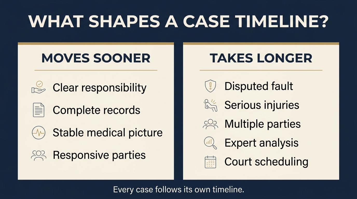 Factors that may move a case sooner or take longer, including responsibility, records, injuries, parties, expert analysis, and court scheduling.