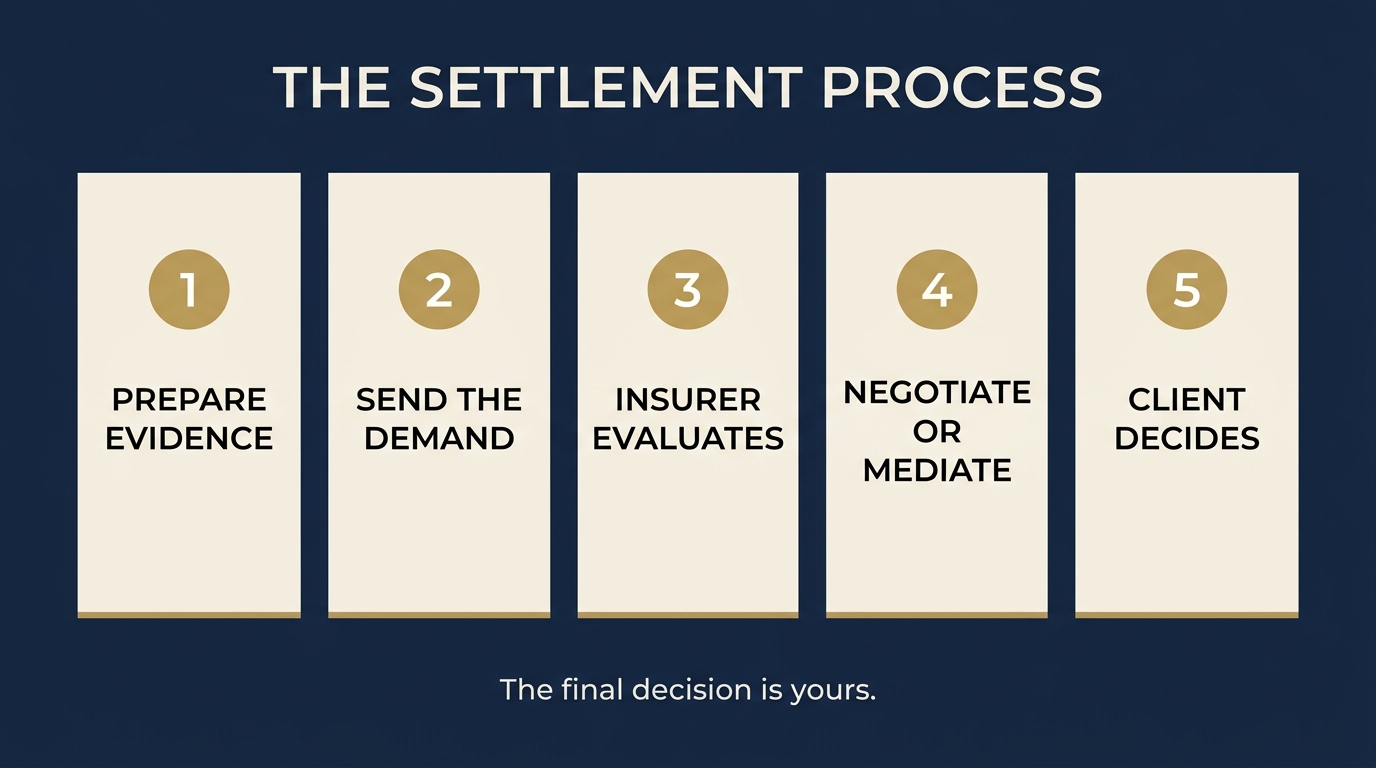 Five-step settlement process: prepare evidence, send the demand, insurer evaluates, negotiate or mediate, and the client decides.