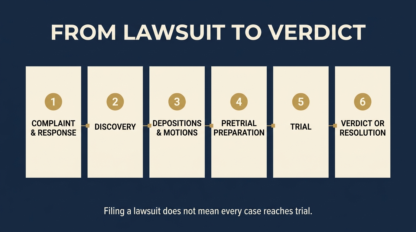 Six stages from lawsuit to verdict: complaint and response, discovery, depositions and motions, pretrial preparation, trial, and verdict or resolution.