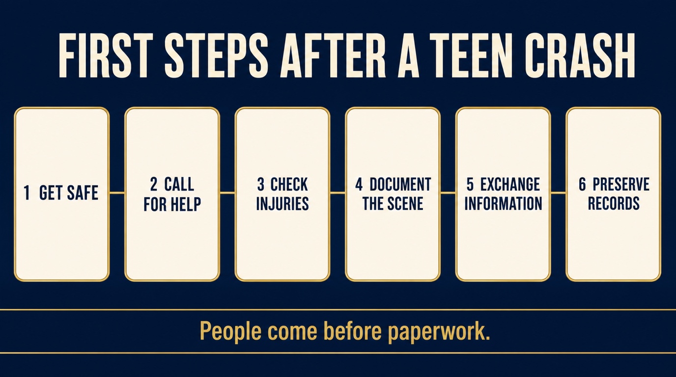 Six first steps after a teen-driver crash: get safe, call for help, check injuries, document the scene, exchange information, and preserve records.