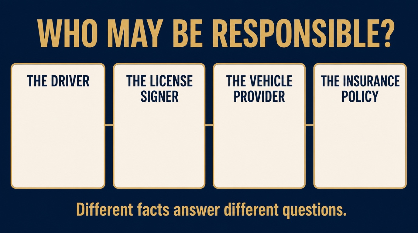 Four separate questions after a teen-driver crash: what the driver did, who signed the license application, who furnished and controlled the vehicle, and which insurance may apply.