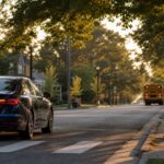 Tennessee school zone with a crosswalk, flashing beacon, and school bus