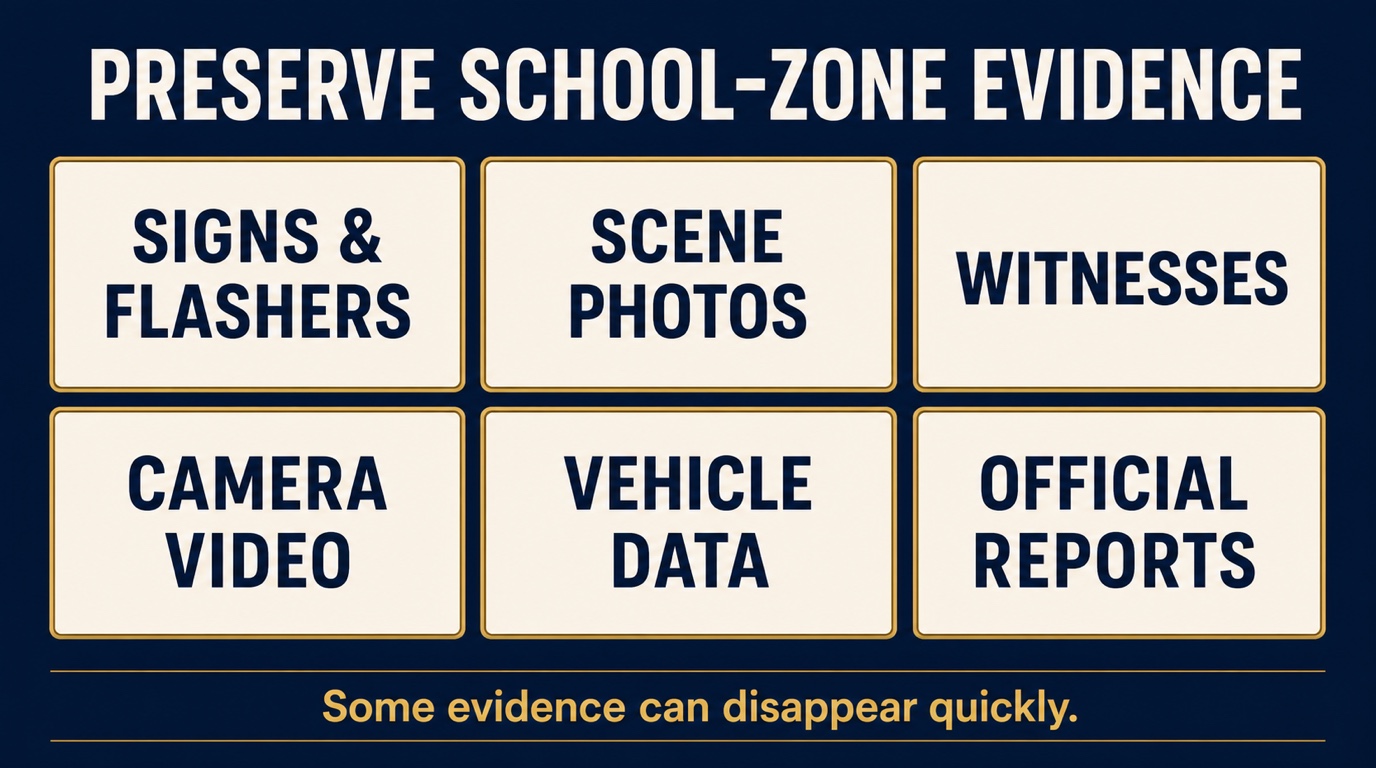 Six kinds of evidence that may matter after a Tennessee school-zone crash: signs and flashers, scene photos, witnesses, camera video, vehicle data, and official reports.