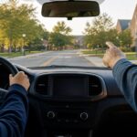 Parent helping a Tennessee teen learn to drive on a quiet street