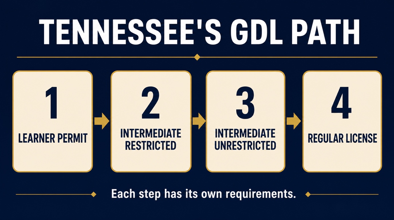 Four stages of Tennessee's Graduated Driver License path: learner permit, intermediate restricted, intermediate unrestricted, and regular license.