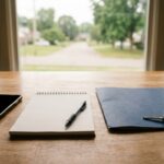 Phone, notepad, folder, and keys on a kitchen table.