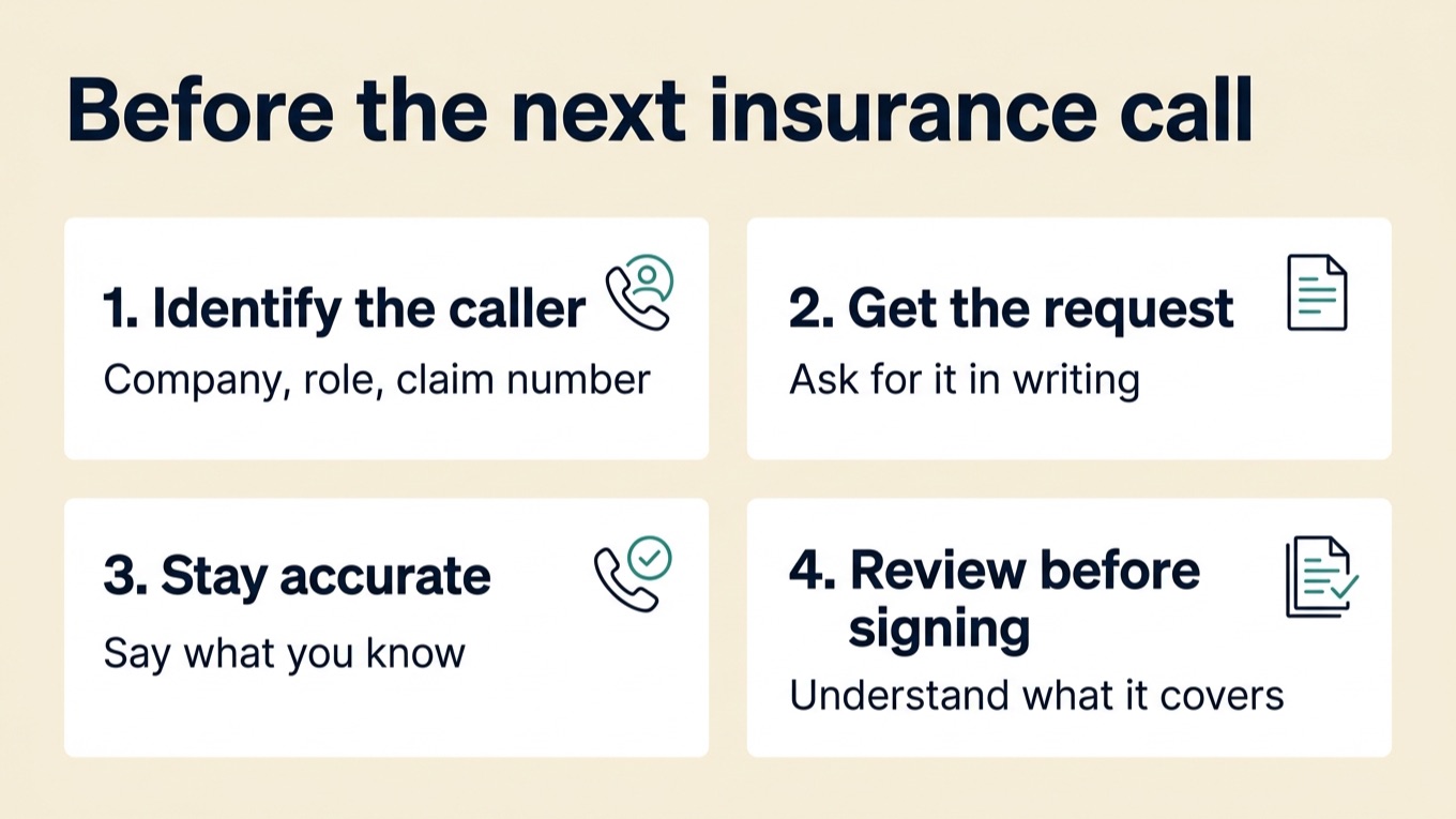 Before the next insurance call, identify the caller, get the request in writing, stay accurate, and review before signing.