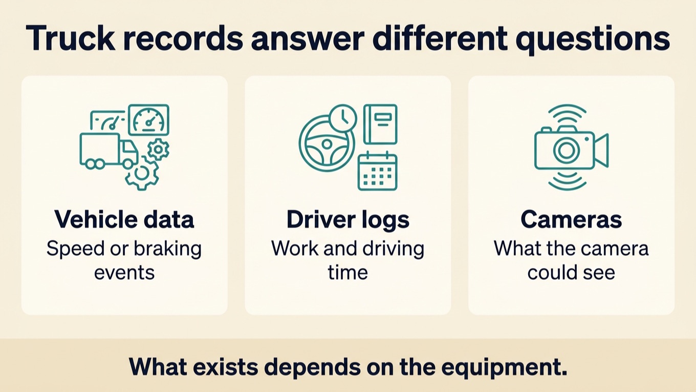 Vehicle data, driver logs, and cameras answer different questions. What exists depends on the equipment.