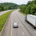 Truck and car traveling in separate lanes on the same side of a divided highway.