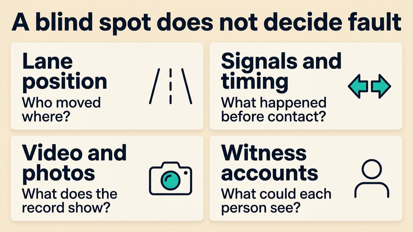 Lane position, signals and timing, video and photos, and witness accounts help investigate a blind-spot crash.