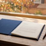Car keys beside an open insurance folder and reading glasses on a sunlit desk.