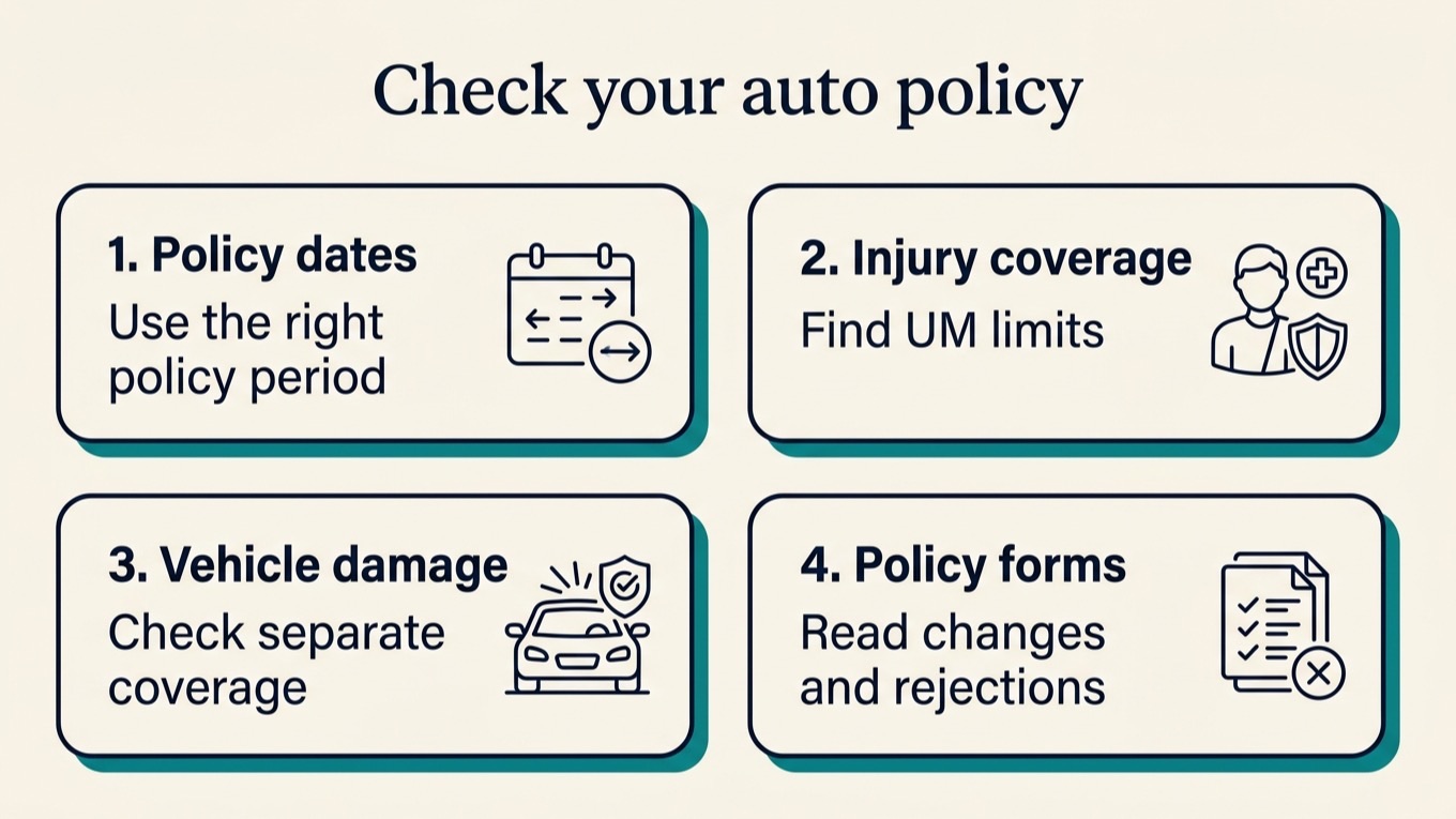 Check four parts of your policy: dates, injury coverage, vehicle damage, and forms.