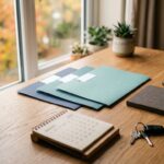 An organized claim folder, calendar, and car keys on a home table.
