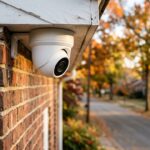 A small exterior security camera overlooking a quiet neighborhood intersection.