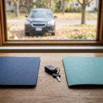 Two plain insurance folders beside car keys, with a parked car blurred beyond a window.